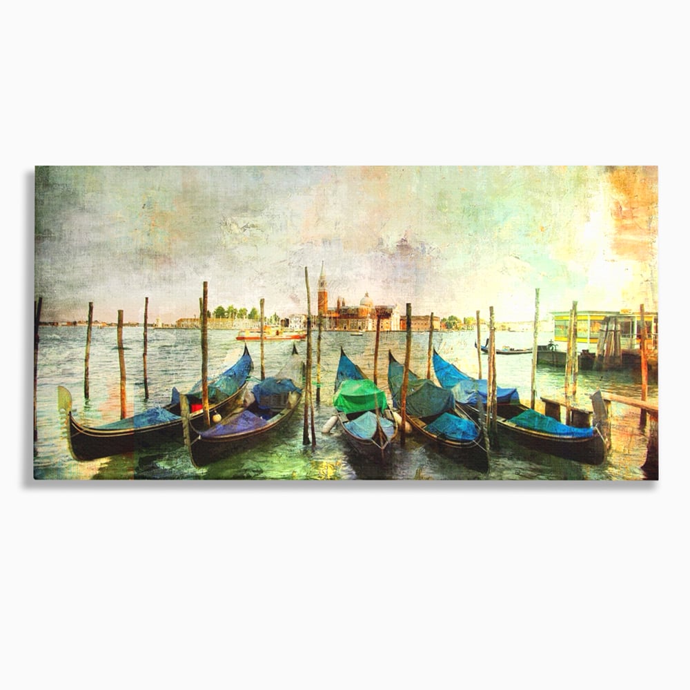 Tablou canvas cu pictura orizontala cu gondole in venetia, fara rama, pe sasiu de lemn